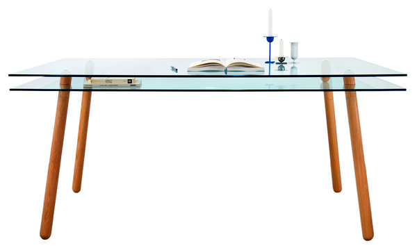 Dyvel桌子由玻璃和木头两种材料做成，外观非常漂亮，并且自带抽屉。